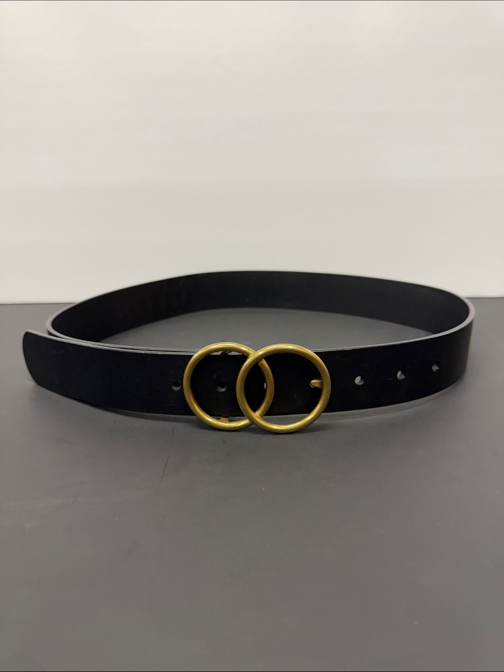 Aritzia Black Leather Belt with Double Gold Ring Buckle